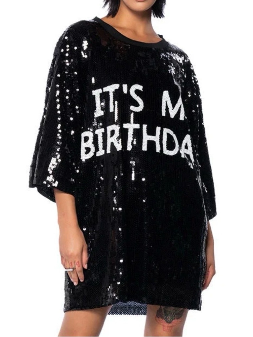 Black Sequin "Its My Birthday" Graphic Mini T-Shirt Dress, Short Sleeve Large